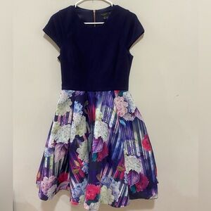 Navy blue and floral patterned Ted Baker midi dress